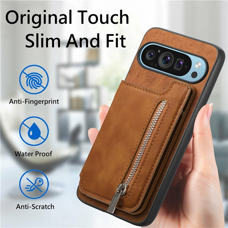 For Google Pixel 9 / Pixel 9 Pro Case Magnetic Detachable Zipper Card Holder Leather+TPU Phone Cover - Brown