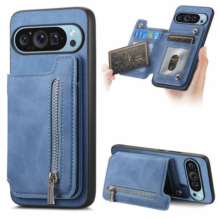 For Google Pixel 9 / Pixel 9 Pro Case Magnetic Detachable Zipper Card Holder Leather+TPU Phone Cover - Blue