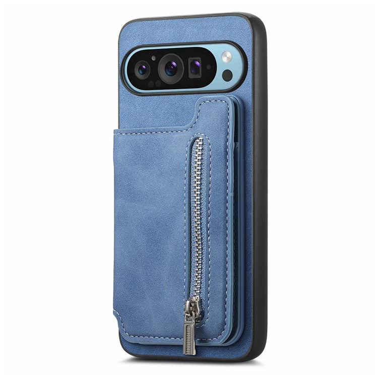 For Google Pixel 9 / Pixel 9 Pro Case Magnetic Detachable Zipper Card Holder Leather+TPU Phone Cover - Blue