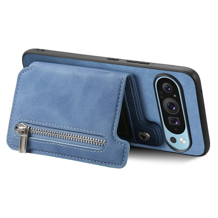 For Google Pixel 9 / Pixel 9 Pro Case Magnetic Detachable Zipper Card Holder Leather+TPU Phone Cover - Blue