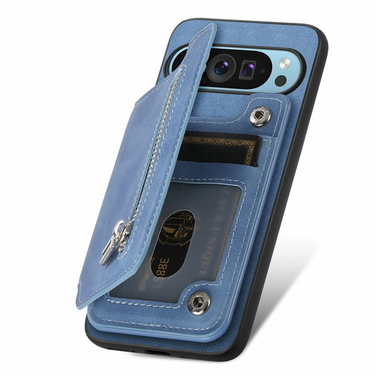 For Google Pixel 9 / Pixel 9 Pro Case Magnetic Detachable Zipper Card Holder Leather+TPU Phone Cover - Blue