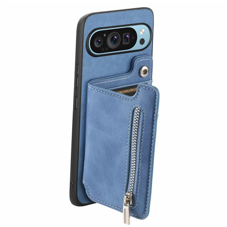 For Google Pixel 9 / Pixel 9 Pro Case Magnetic Detachable Zipper Card Holder Leather+TPU Phone Cover - Blue