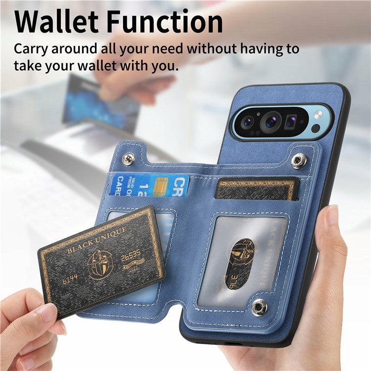 For Google Pixel 9 / Pixel 9 Pro Case Magnetic Detachable Zipper Card Holder Leather+TPU Phone Cover - Blue