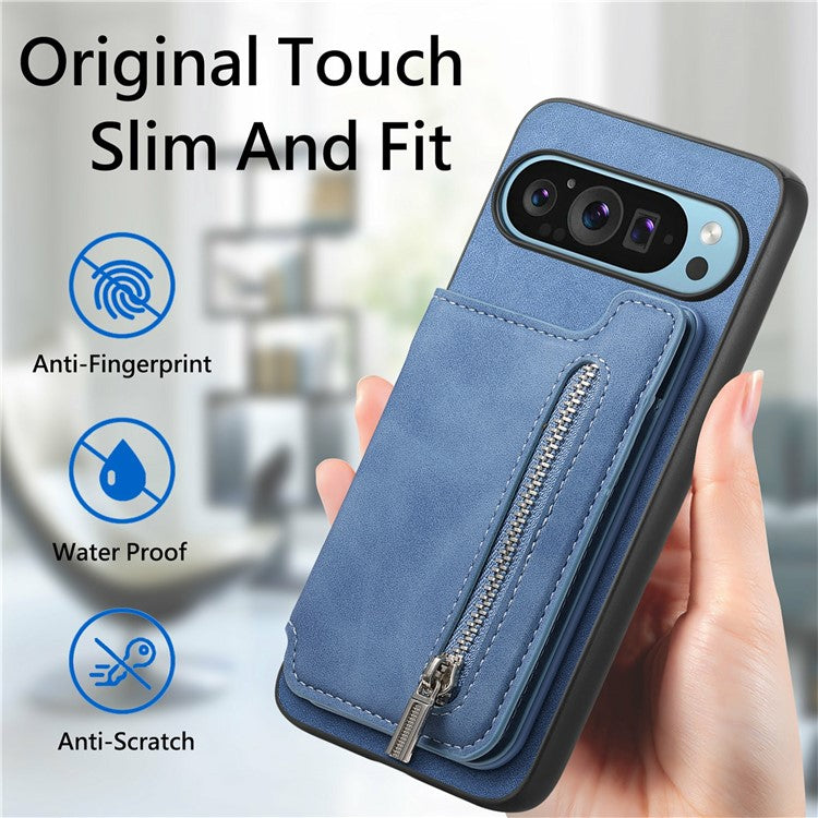 For Google Pixel 9 / Pixel 9 Pro Case Magnetic Detachable Zipper Card Holder Leather+TPU Phone Cover - Blue