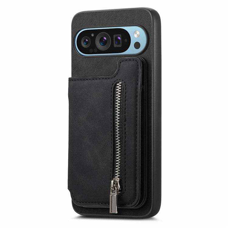 For Google Pixel 9 / Pixel 9 Pro Case Magnetic Detachable Zipper Card Holder Leather+TPU Phone Cover - Black