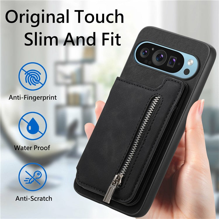 For Google Pixel 9 / Pixel 9 Pro Case Magnetic Detachable Zipper Card Holder Leather+TPU Phone Cover - Black