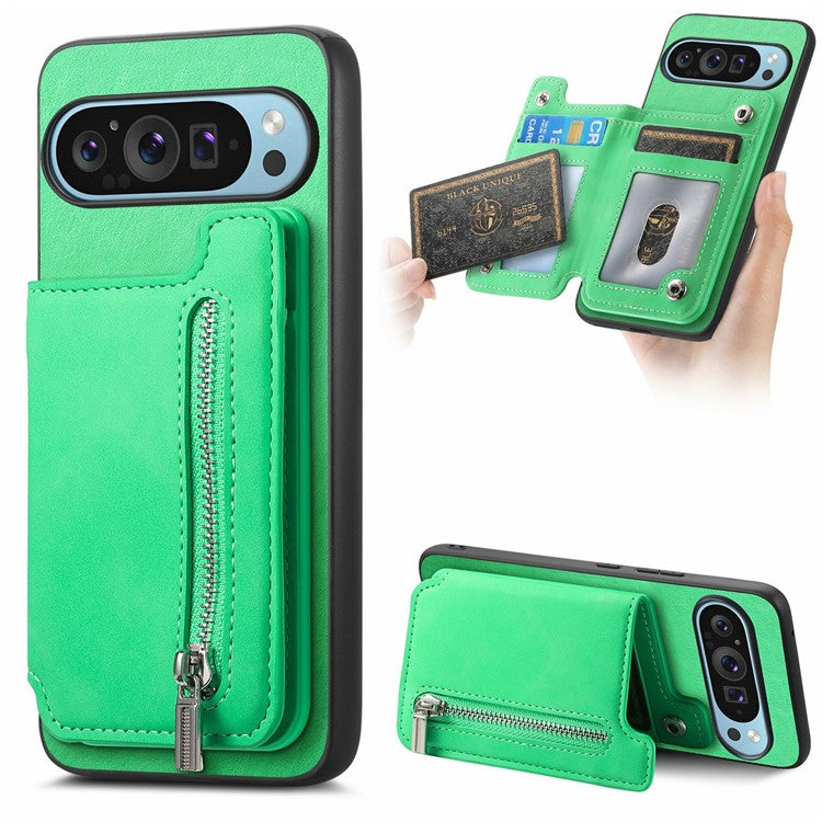 For Google Pixel 9 / Pixel 9 Pro Case Magnetic Detachable Zipper Card Holder Leather+TPU Phone Cover - Green