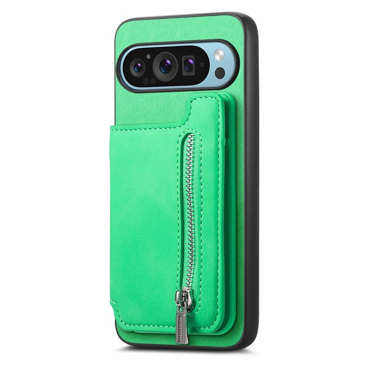 For Google Pixel 9 / Pixel 9 Pro Case Magnetic Detachable Zipper Card Holder Leather+TPU Phone Cover - Green