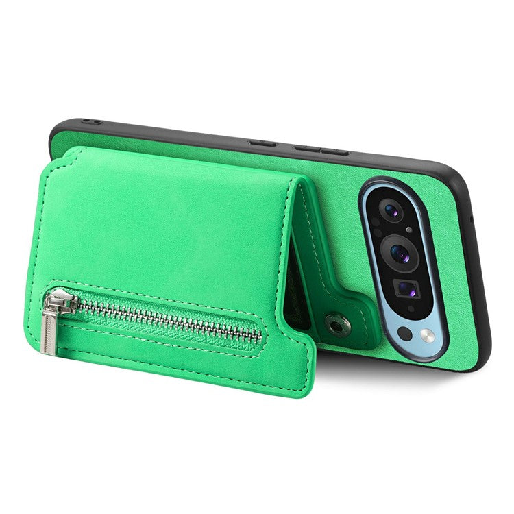 For Google Pixel 9 / Pixel 9 Pro Case Magnetic Detachable Zipper Card Holder Leather+TPU Phone Cover - Green