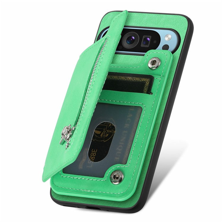 For Google Pixel 9 / Pixel 9 Pro Case Magnetic Detachable Zipper Card Holder Leather+TPU Phone Cover - Green