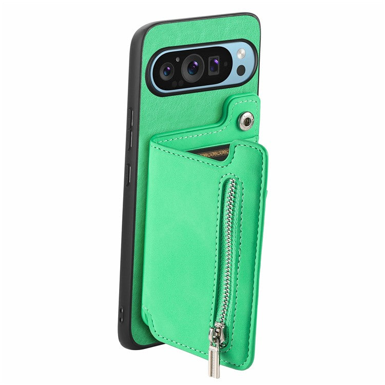 For Google Pixel 9 / Pixel 9 Pro Case Magnetic Detachable Zipper Card Holder Leather+TPU Phone Cover - Green