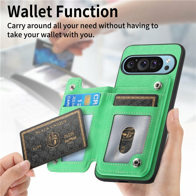 For Google Pixel 9 / Pixel 9 Pro Case Magnetic Detachable Zipper Card Holder Leather+TPU Phone Cover - Green