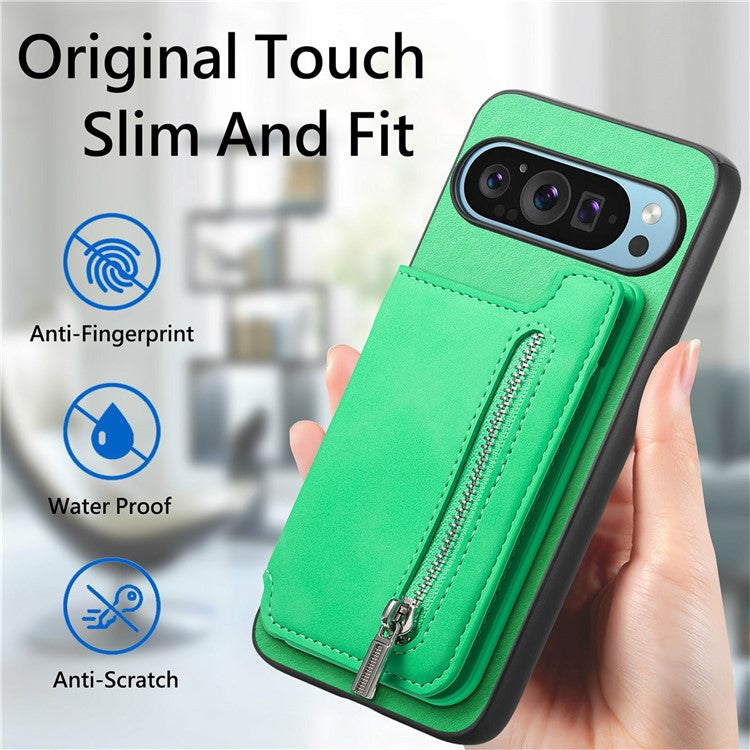 For Google Pixel 9 / Pixel 9 Pro Case Magnetic Detachable Zipper Card Holder Leather+TPU Phone Cover - Green