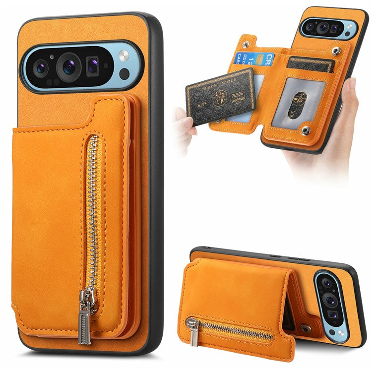 For Google Pixel 9 / Pixel 9 Pro Case Magnetic Detachable Zipper Card Holder Leather+TPU Phone Cover - Yellow