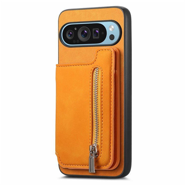 For Google Pixel 9 / Pixel 9 Pro Case Magnetic Detachable Zipper Card Holder Leather+TPU Phone Cover - Yellow