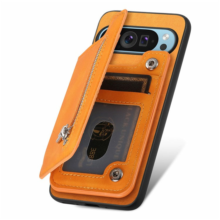 For Google Pixel 9 / Pixel 9 Pro Case Magnetic Detachable Zipper Card Holder Leather+TPU Phone Cover - Yellow