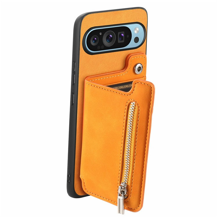 For Google Pixel 9 / Pixel 9 Pro Case Magnetic Detachable Zipper Card Holder Leather+TPU Phone Cover - Yellow