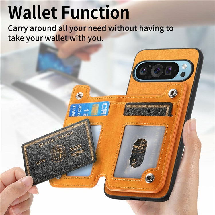 For Google Pixel 9 / Pixel 9 Pro Case Magnetic Detachable Zipper Card Holder Leather+TPU Phone Cover - Yellow