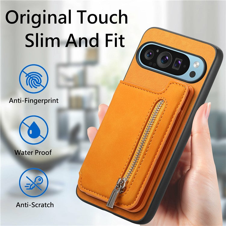 For Google Pixel 9 / Pixel 9 Pro Case Magnetic Detachable Zipper Card Holder Leather+TPU Phone Cover - Yellow