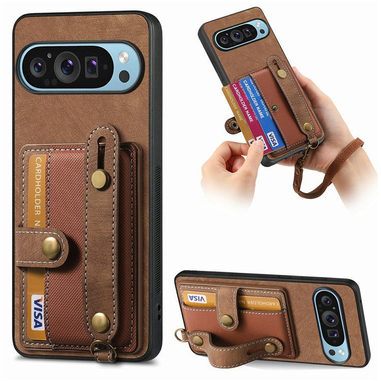 For Google Pixel 9 / Pixel 9 Pro Case Wristband Kickstand PU Leather Retro Back Cover Card Holder - Brown