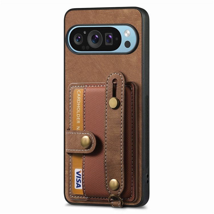 For Google Pixel 9 / Pixel 9 Pro Case Wristband Kickstand PU Leather Retro Back Cover Card Holder - Brown