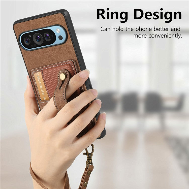 For Google Pixel 9 / Pixel 9 Pro Case Wristband Kickstand PU Leather Retro Back Cover Card Holder - Brown