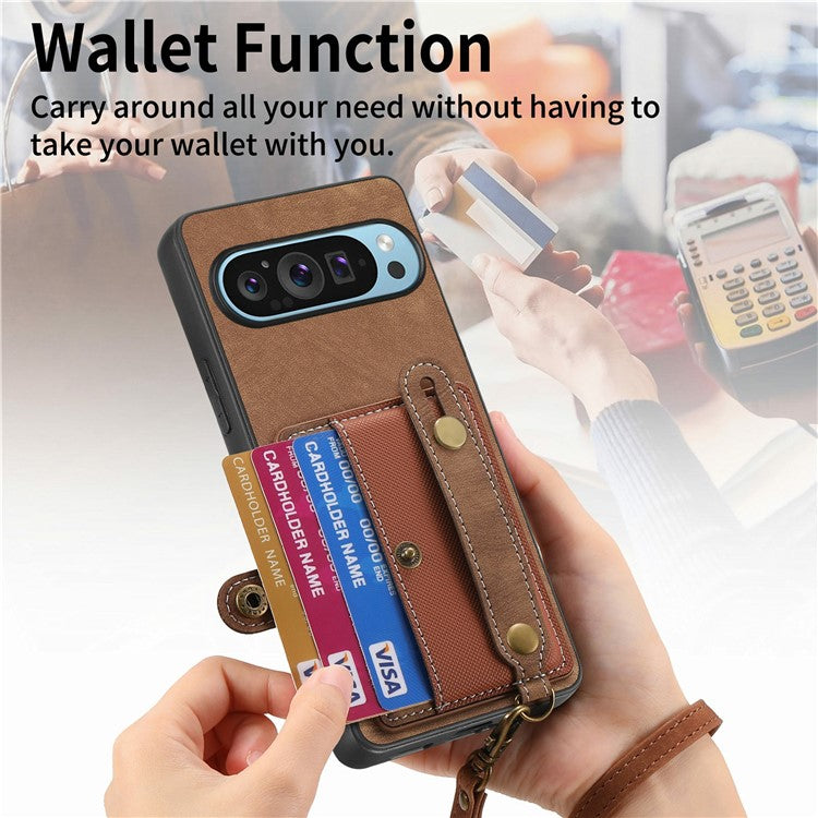 For Google Pixel 9 / Pixel 9 Pro Case Wristband Kickstand PU Leather Retro Back Cover Card Holder - Brown