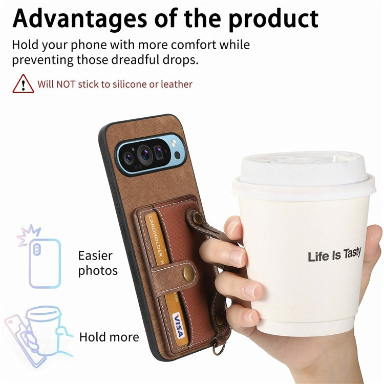 For Google Pixel 9 / Pixel 9 Pro Case Wristband Kickstand PU Leather Retro Back Cover Card Holder - Brown