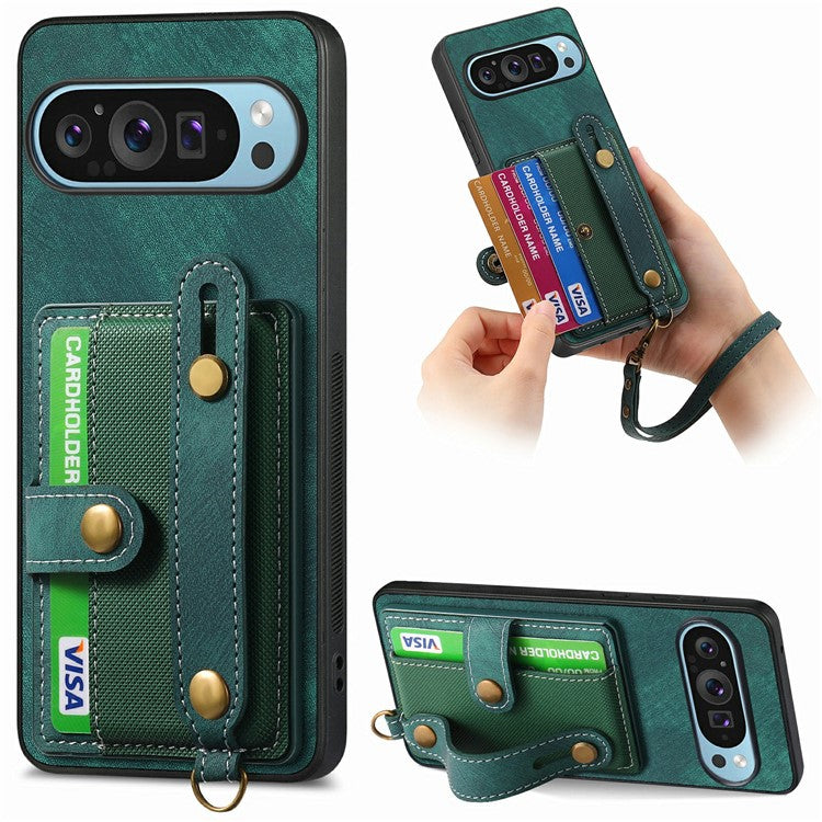 For Google Pixel 9 / Pixel 9 Pro Case Wristband Kickstand PU Leather Retro Back Cover Card Holder - Green