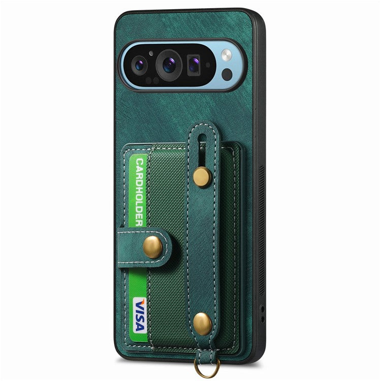 For Google Pixel 9 / Pixel 9 Pro Case Wristband Kickstand PU Leather Retro Back Cover Card Holder - Green