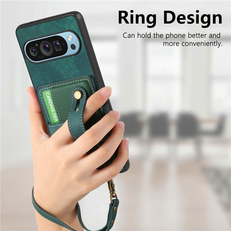 For Google Pixel 9 / Pixel 9 Pro Case Wristband Kickstand PU Leather Retro Back Cover Card Holder - Green