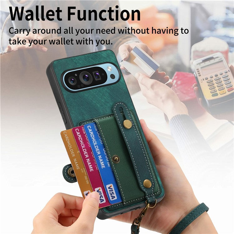 For Google Pixel 9 / Pixel 9 Pro Case Wristband Kickstand PU Leather Retro Back Cover Card Holder - Green