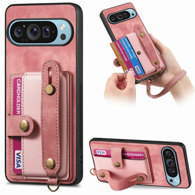 For Google Pixel 9 / Pixel 9 Pro Case Wristband Kickstand PU Leather Retro Back Cover Card Holder - Pink