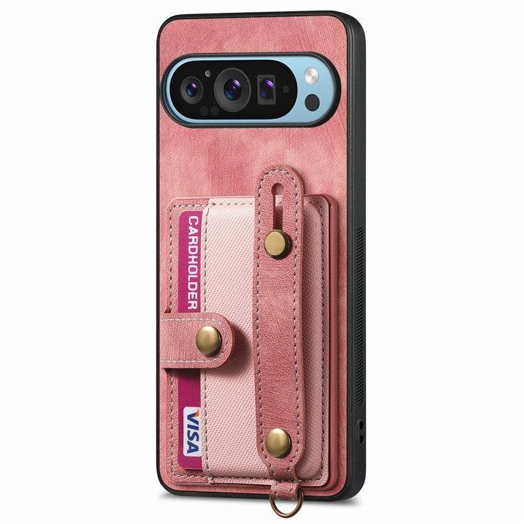 For Google Pixel 9 / Pixel 9 Pro Case Wristband Kickstand PU Leather Retro Back Cover Card Holder - Pink