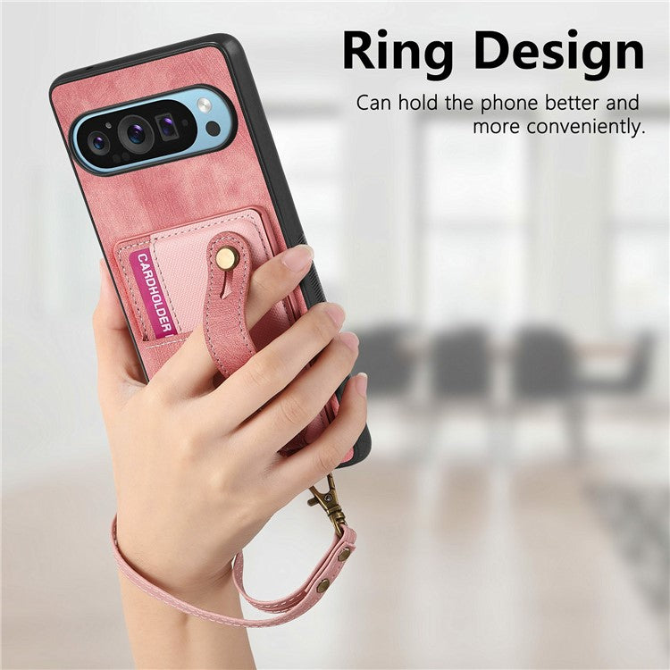 For Google Pixel 9 / Pixel 9 Pro Case Wristband Kickstand PU Leather Retro Back Cover Card Holder - Pink