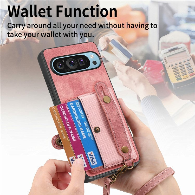 For Google Pixel 9 / Pixel 9 Pro Case Wristband Kickstand PU Leather Retro Back Cover Card Holder - Pink