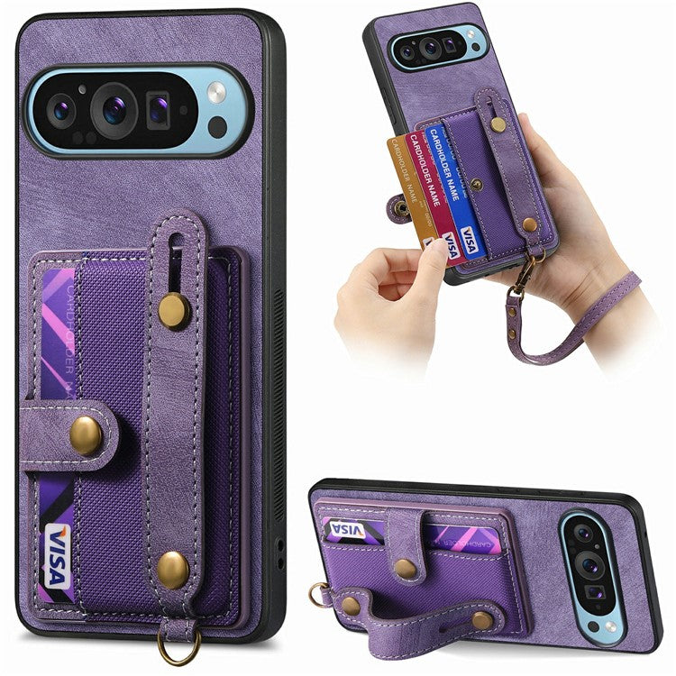 For Google Pixel 9 / Pixel 9 Pro Case Wristband Kickstand PU Leather Retro Back Cover Card Holder - Purple