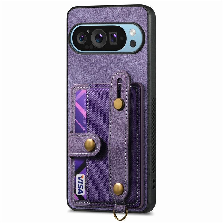 For Google Pixel 9 / Pixel 9 Pro Case Wristband Kickstand PU Leather Retro Back Cover Card Holder - Purple