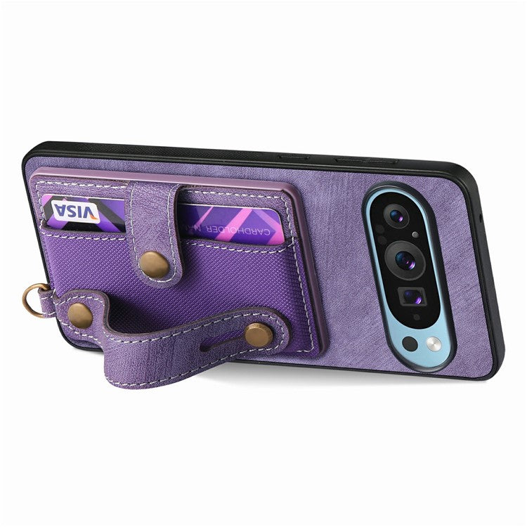 For Google Pixel 9 / Pixel 9 Pro Case Wristband Kickstand PU Leather Retro Back Cover Card Holder - Purple