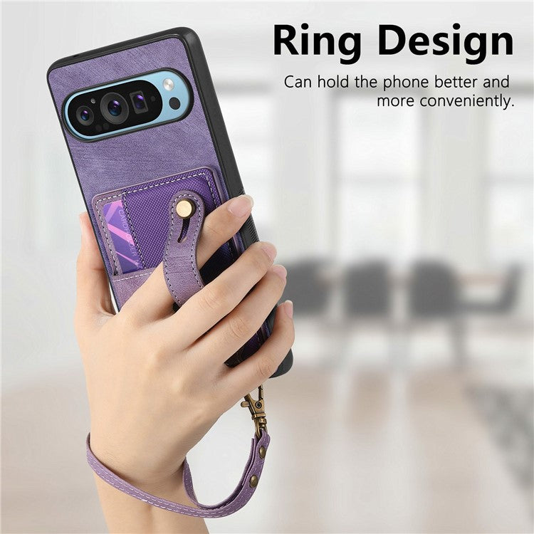 For Google Pixel 9 / Pixel 9 Pro Case Wristband Kickstand PU Leather Retro Back Cover Card Holder - Purple