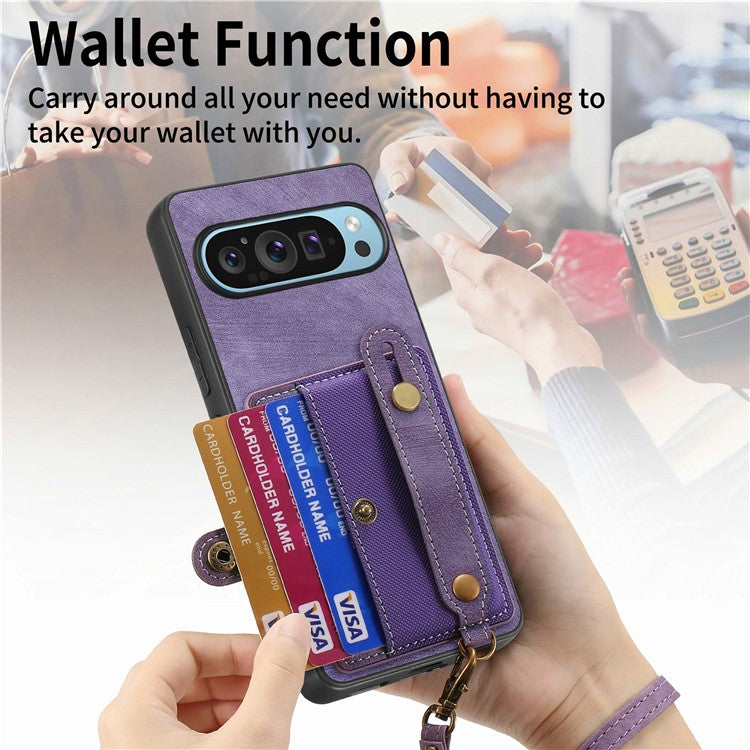 For Google Pixel 9 / Pixel 9 Pro Case Wristband Kickstand PU Leather Retro Back Cover Card Holder - Purple