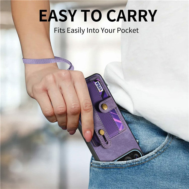 For Google Pixel 9 / Pixel 9 Pro Case Wristband Kickstand PU Leather Retro Back Cover Card Holder - Purple