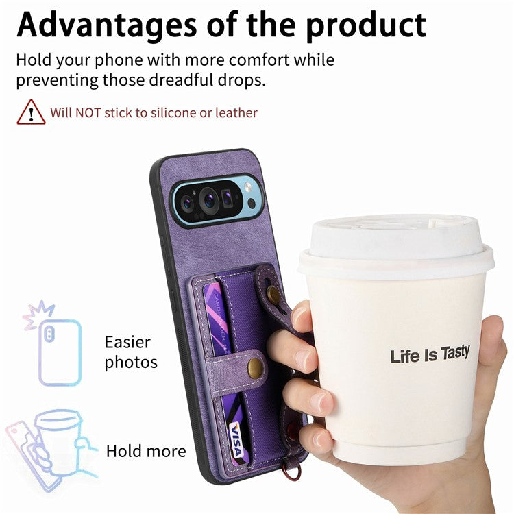 For Google Pixel 9 / Pixel 9 Pro Case Wristband Kickstand PU Leather Retro Back Cover Card Holder - Purple