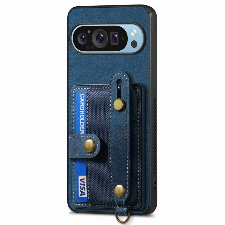 For Google Pixel 9 / Pixel 9 Pro Case Wristband Kickstand PU Leather Retro Back Cover Card Holder - Blue