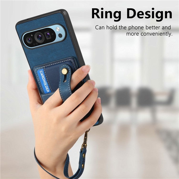 For Google Pixel 9 / Pixel 9 Pro Case Wristband Kickstand PU Leather Retro Back Cover Card Holder - Blue