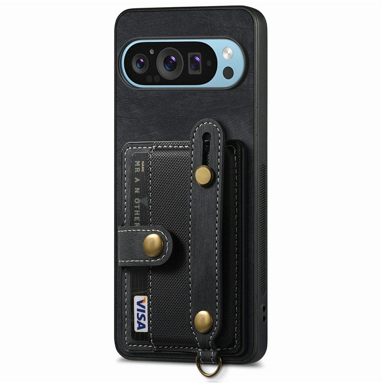 For Google Pixel 9 / Pixel 9 Pro Case Wristband Kickstand PU Leather Retro Back Cover Card Holder - Black