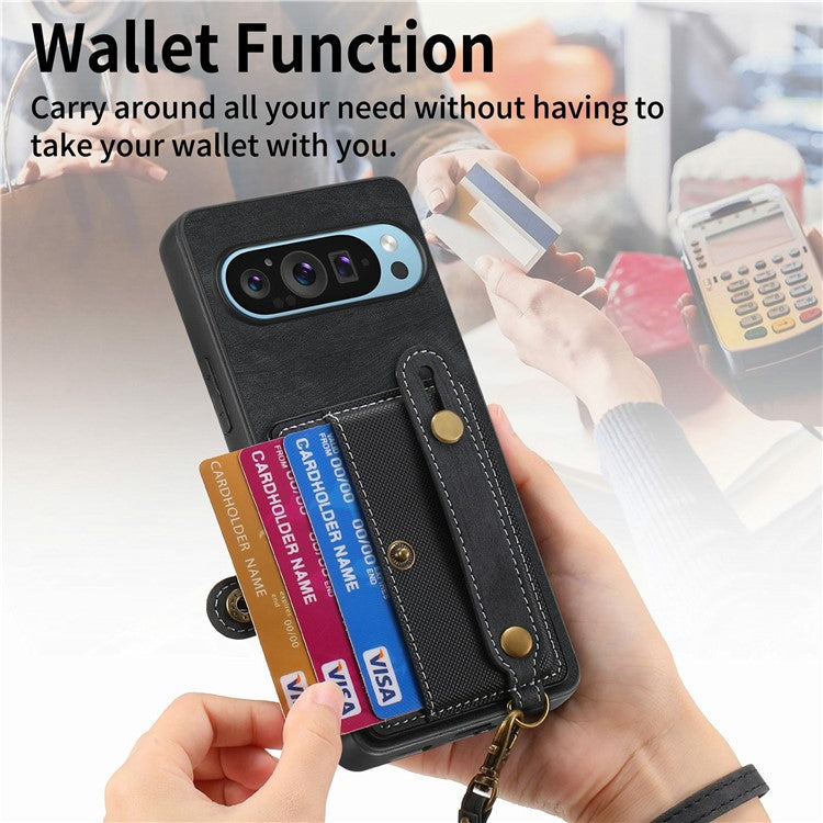 For Google Pixel 9 / Pixel 9 Pro Case Wristband Kickstand PU Leather Retro Back Cover Card Holder - Black