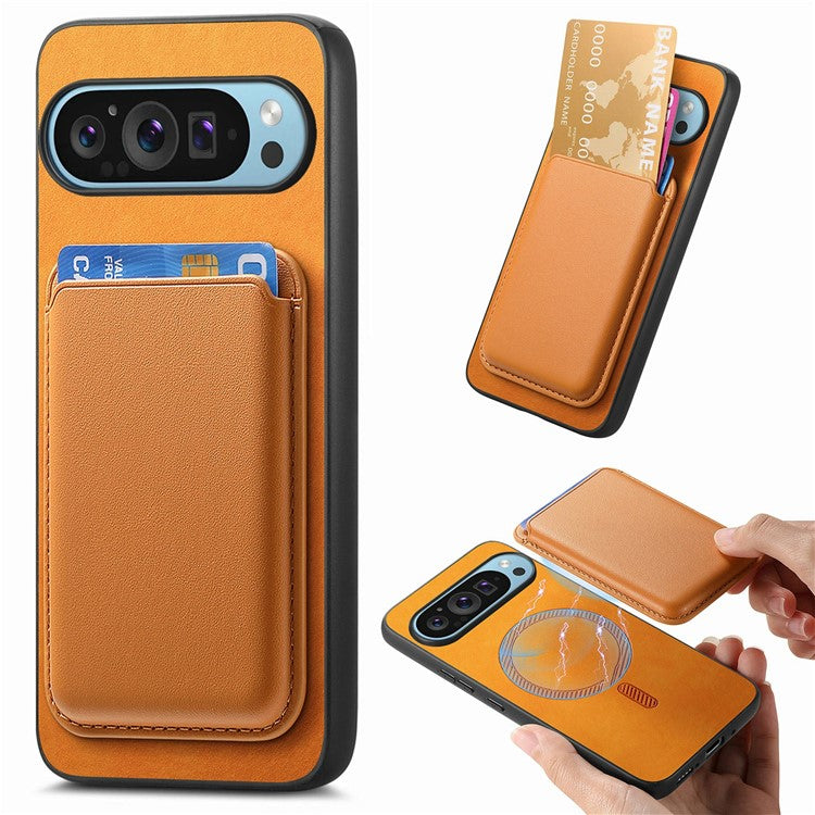 For Google Pixel 9 / Pixel 9 Pro Case Detachable Magnetic Card Bag Leather+TPU Phone Cover - Yellow