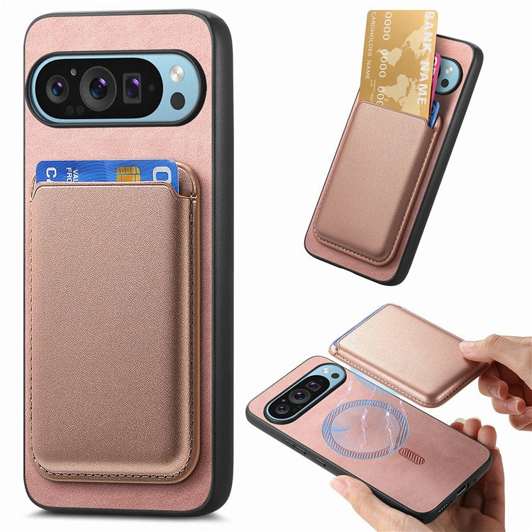 For Google Pixel 9 / Pixel 9 Pro Case Detachable Magnetic Card Bag Leather+TPU Phone Cover - Pink