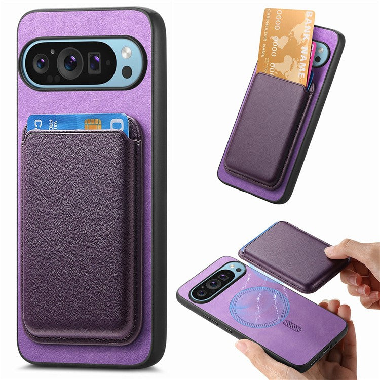 For Google Pixel 9 / Pixel 9 Pro Case Detachable Magnetic Card Bag Leather+TPU Phone Cover - Purple